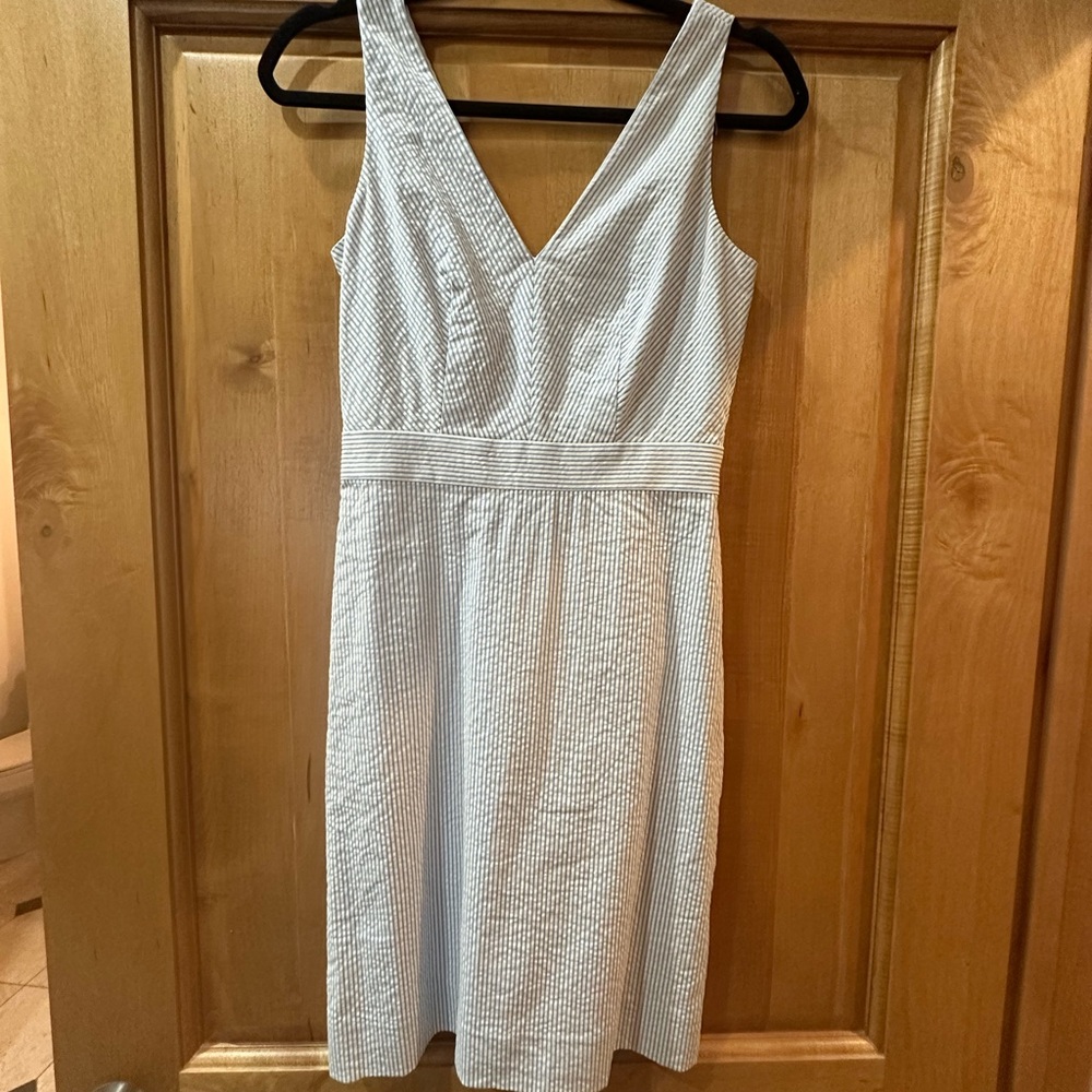 J. Crew Blue and White V-Neck Midi Dress- seersucker